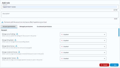 Add role screen with the role title set to 'Support level 1 access'. The Account permissions tab is active. Several permissions are listed with drop-downs to enable or disable them. At the bottom are Cancel and Save buttons.